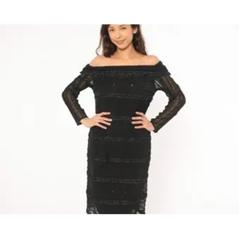 Tadashi Shoji Neiman Marcus Black‎ Sequin Mesh Off Shoulder Cocktail Dress